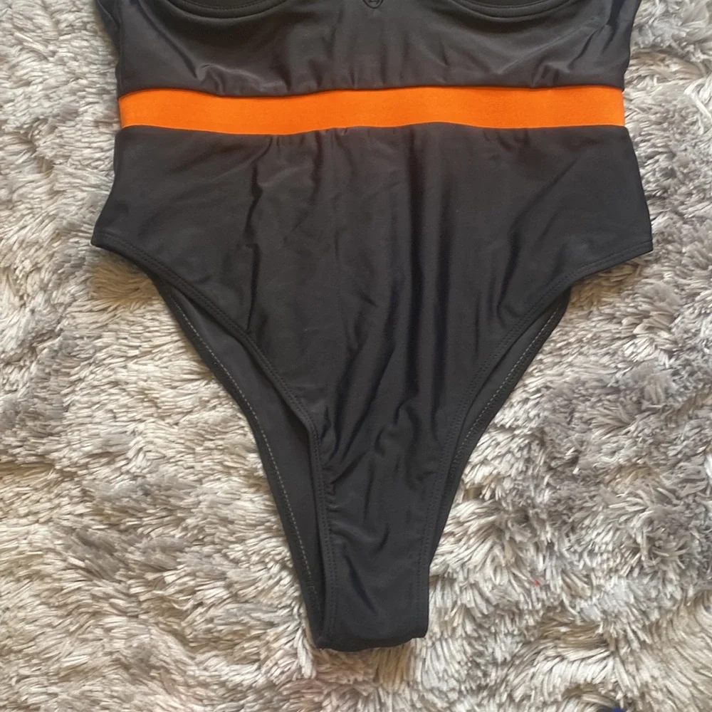 Shein Black Orange Neon Green Strap Swimsuit Size Large Excellent Condition - Picture 5 of 10